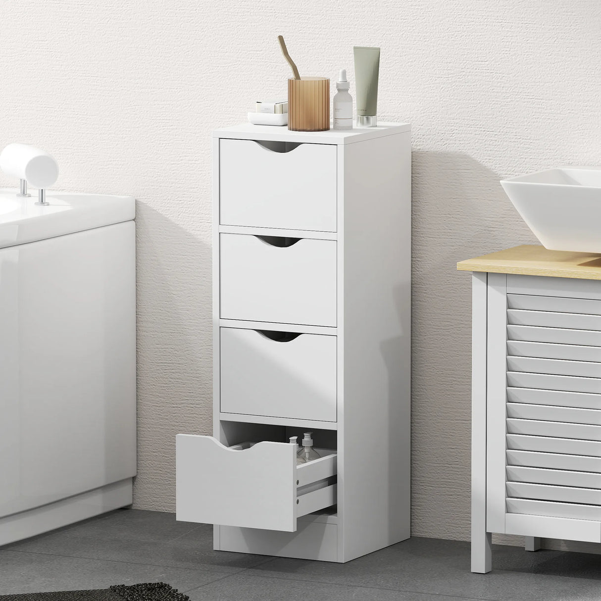 HOMCOM 4-Drawer Bathroom Cabinet, Freestanding Narrow Storage Cabinet with Groove Handles for Small Spaces, White
