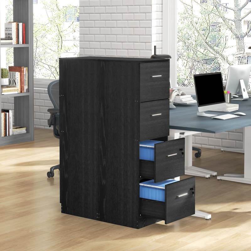 HOMCOM Four-Drawer Lockable Filing Cabinet - Black Wood Effect