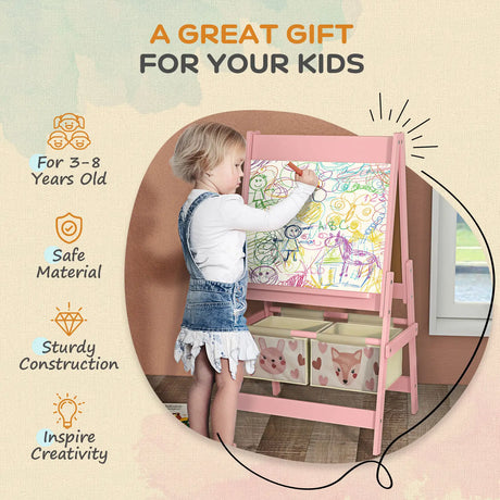 AIYAPLAY Three-In-One Kids Easel with Paper Roll, Art Easel, with Storage - Pink