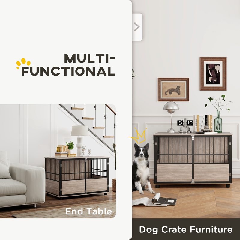 PawHut 100cm Furniture Style Dog Crate Dog Cage End Table Indoor with 3 Doors Soft Washable Cushion, for Large Sized Dogs