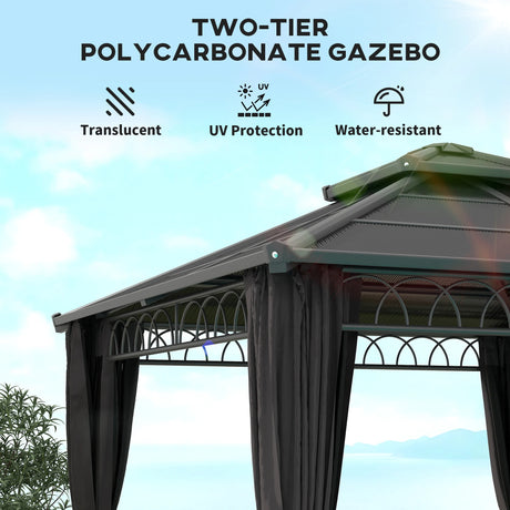 Outsunny 3 x 3 (m) Outdoor Polycarbonate Gazebo, Double Roof Hard Top Gazebo with Galvanised Steel Frame, Nettings & Curtains for Garden, Lawn, Patio and Deck, Dark Grey