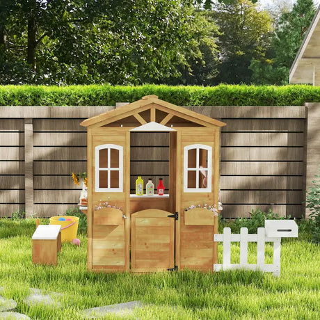 Outsunny Wooden Playhouse for Kids with Door, Windows, Mailbox, Flower Pot Holder, Serving Station, Bench for Children, Yellow