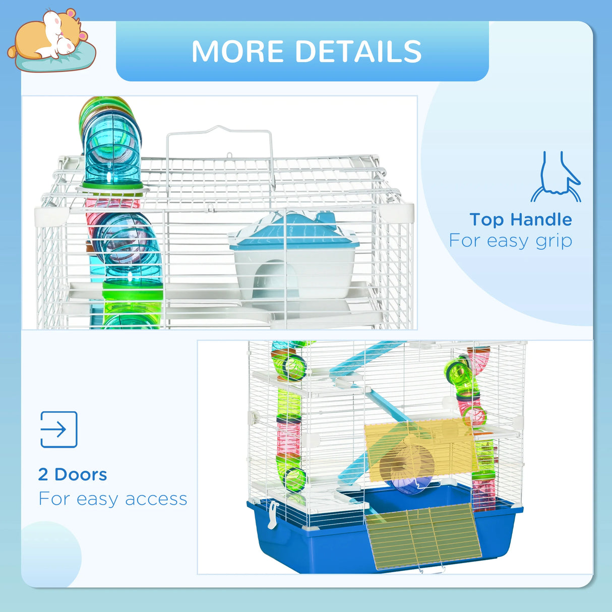 PawHut 5 Tier Hamster Cage, Gerbil Cage with Tube, Water Bottle, Exercise Wheel, Food Dish, 59L x 36W x 69H cm - Blue