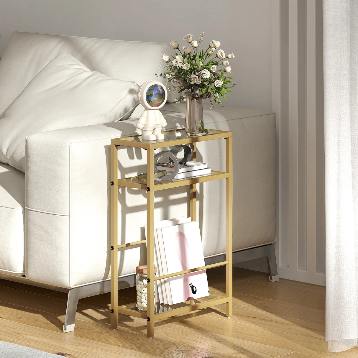 HOMCOM 3-Tier Side Table, Narrow End Table with Storage Shelf and Tempered Glass Tabletop for Small Spaces, Bedroom, Living Room, Entryway, Gold Tone