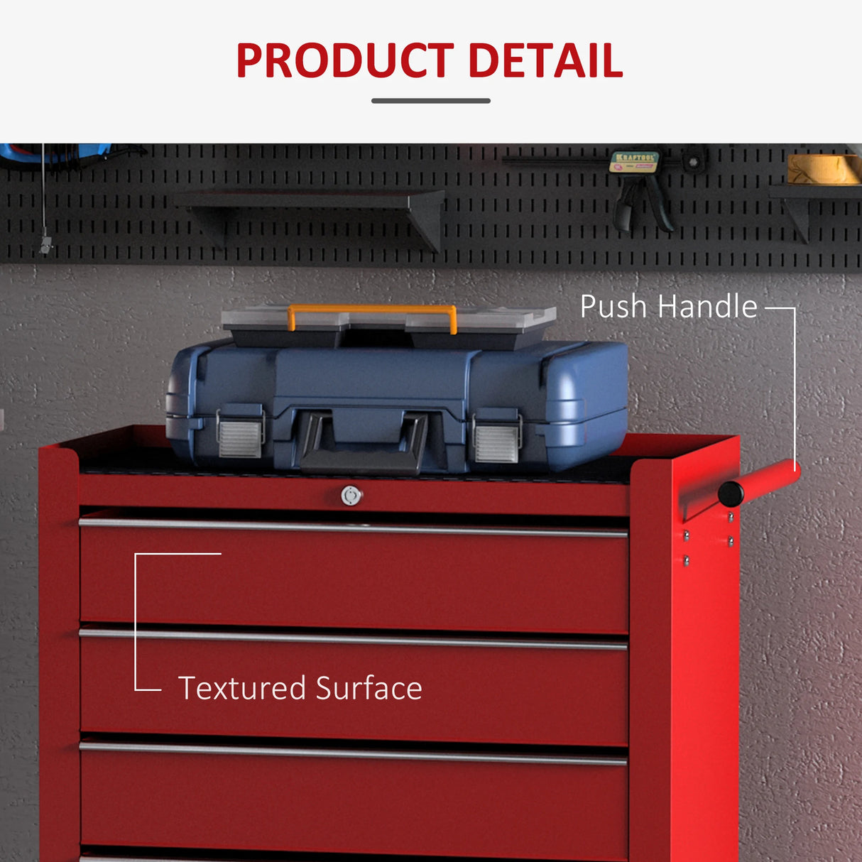 HOMCOM 5 Drawer Tool Box on Wheels, Lockable Steel Tool Cabinet with Side Handle, Red