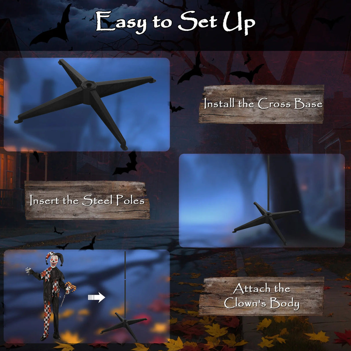 Outsunny 183 cm Life Size Halloween Animated Clown & Skull Staff with Red Light Up Eyes, Sound Activated Moving Arms & Head, Scary Clown Halloween Decorations, Battery Operated, Indoor Party Props