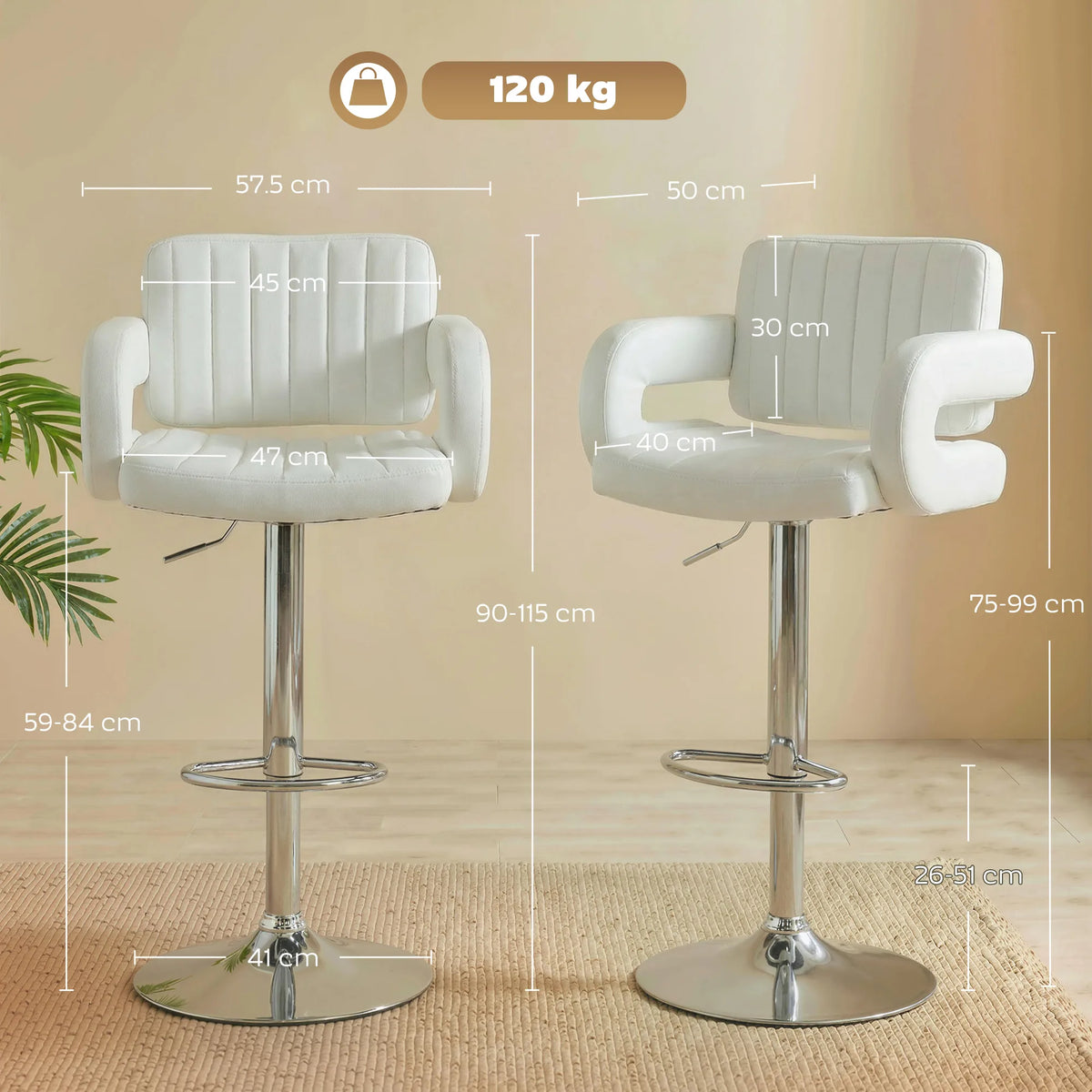 HOMCOM Bar Stools Adjustable Swivel Kitchen Chairs with Backrest Armrest Set of 2 PU Leather White