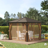 Outsunny 3 x 3(m) Metal Hardtop Gazebo, with Curtains and Accessories - Brown