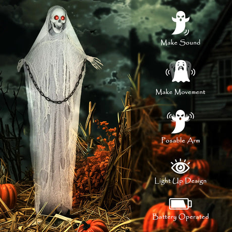 Outsunny 183 cm Life Size Halloween Animated Skeleton Grim Reaper with Glowing LED Eyes, Scary Halloween Decorations, Battery Operated, Indoor Party Props