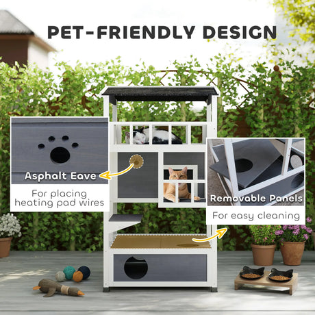 PawHut Wooden Outdoor Cat House, 3-Tier Cat Shelter with Tilted Roof, Terrace, Jump Step, Bottom Tray and Elevated Base, Waterproof Paint, Grey