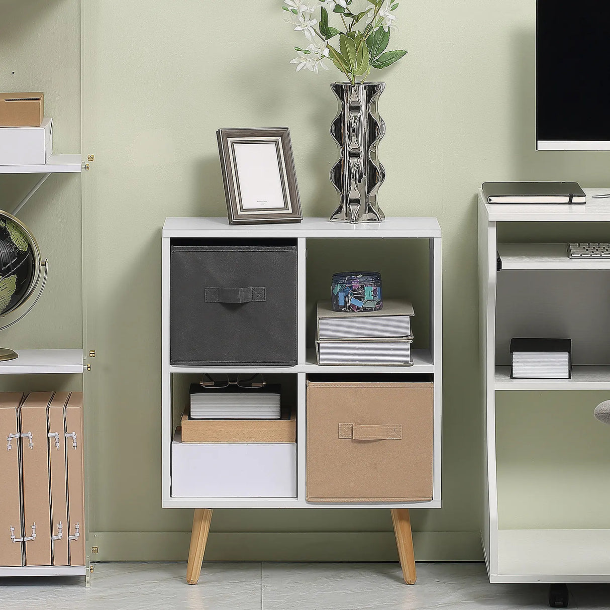HOMCOM Freestanding 4 Cube Unit Cabinet Unit w/ 3 Fabric Drawers Handles Home Office Storage Shelves