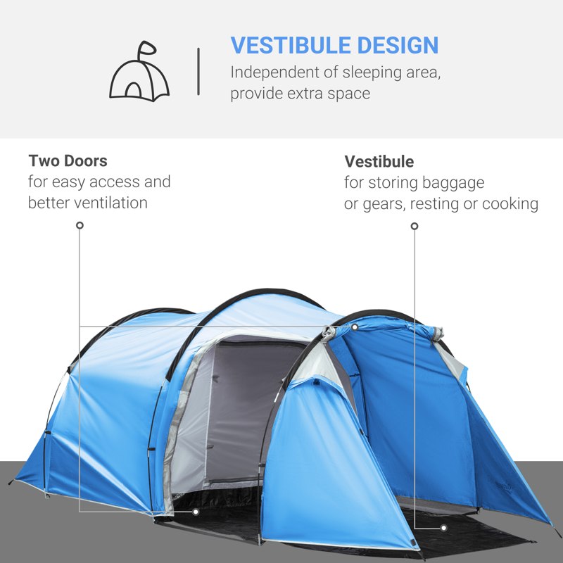 Outsunny 2-3 Man Tunnel Tent with Vestibule, Weather-Resistant Camping Tent with Air Vents for Fishing Hiking, Light Blue & Grey