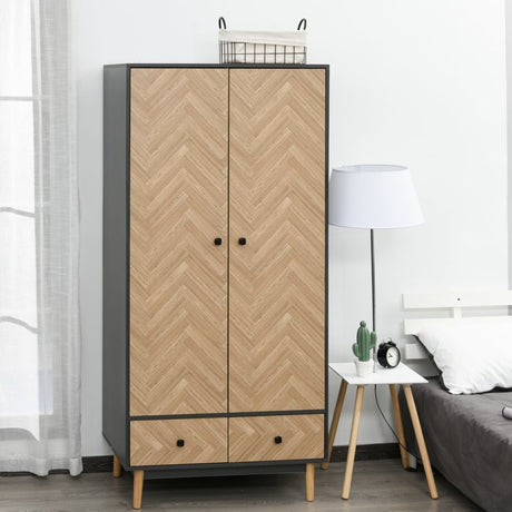 HOMCOM Modern Wardrobe Cabinet Wood Grain Sticker Surface with Shelf, Hanging Rod and 2 Drawers 90x50x190cm