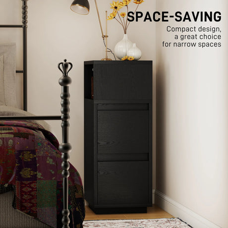 HOMCOM Slim Bedside Table, Narrow Bedside Cabinet with Open Shelf and 2 Drawers for Bedroom, Living Room, Black