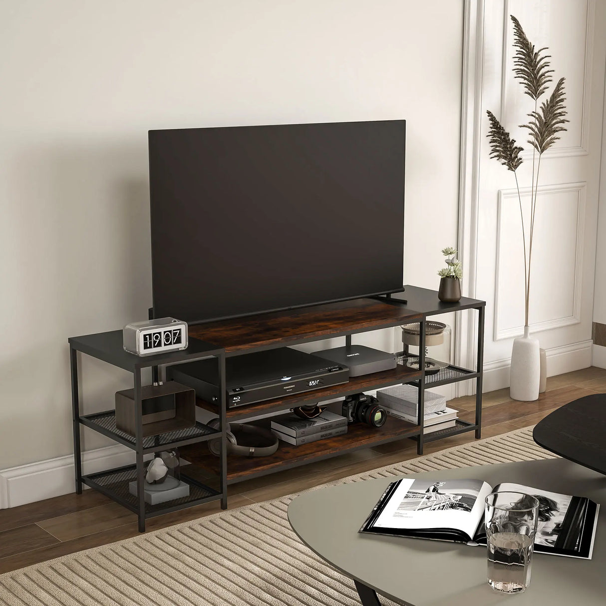 HOMCOM TV Unit Cabinet for TVs up to 60 Inches, Industrial TV Stand with Storage Shelves for Living Room, Brown and Black