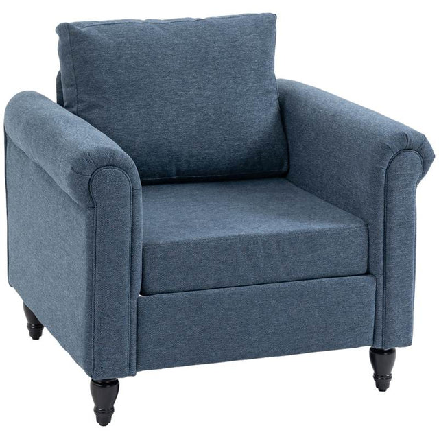 HOMCOM Vintage Accent Chair, Upholstered Occasional Chair with Back Pillow, Rolled Arms,  Rubber Wood Legs, Dark Blue