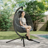 Outsunny Outdoor Swing Chair with Thick Padded Cushion, Patio Hanging Chair with Metal Stand, Egg Chair with Foldable Basket, Cup Holder, for Indoor and Outdoor, Dark Grey