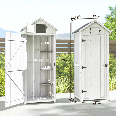 Outsunny Small Shed, Tall Slim Wooden Garden Shed with 3 Removable Shelves and Roof Hatch, Compact Outdoor Tool Storage Cabinet with Asphalt Roof and Door Latch, 77 x 54.2 x 179 cm, Light Grey