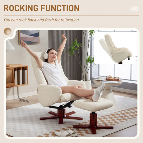 HOMCOM Rocking Recliner Chair with Footstool, PU Leather Recliner Armchair with Wood Base, Upholstered Reclining Chair for Living Room Bedroom, Cream