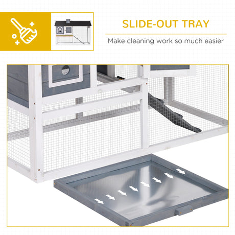 PawHut Wooden Rabbit Hutch and Run with Sliding Tray, Ramp, Water-resistant Roof, for 2-4 Rabbits, Grey