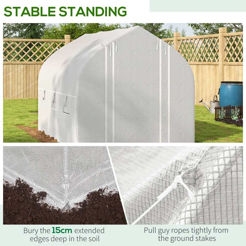 Outsunny 3 x 2(m) Walk-in Polytunnel Greenhouse, Zipped Roll Up Sidewalls, Mesh Door, 6 Mesh Windows, Tunnel Warm House Tent with PE Cover, Complimentary Plant Labels and Gloves, White