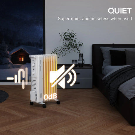 HOMCOM 1500W Quiet Oil Filled Radiator, 7 Fin Energy Efficient Portable Electric Heater with 3 Heat Settings, Adjustable Thermostat, Safety Tip Over, Overheat Protection, for Home, White