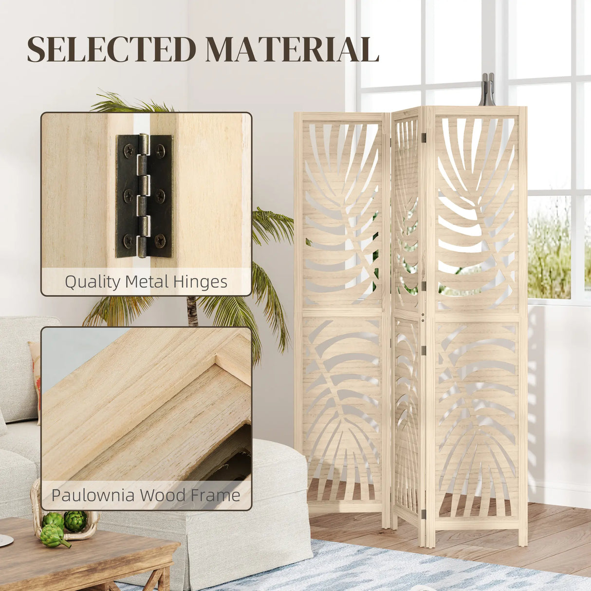 HOMCOM 3 Panel Room Divider, Detachable Folding Privacy Screens with Palm Leaf Design for Home Office, Natural Wood Finish