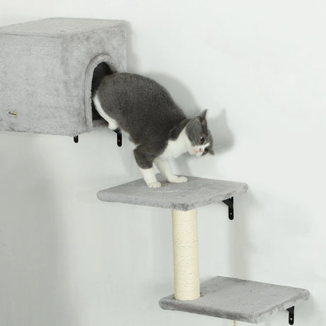 PawHut 6-Piece Cat Wall Shelves Set with Condo, Cat Wall Furniture with Platforms, Sisal Scratching Post, Bed, Toy Ball, Grey