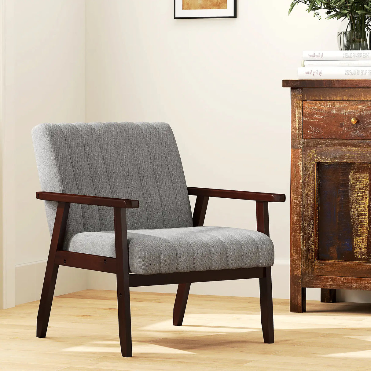 HOMCOM Mid Century Accent Chair, with Wooden Legs - Grey