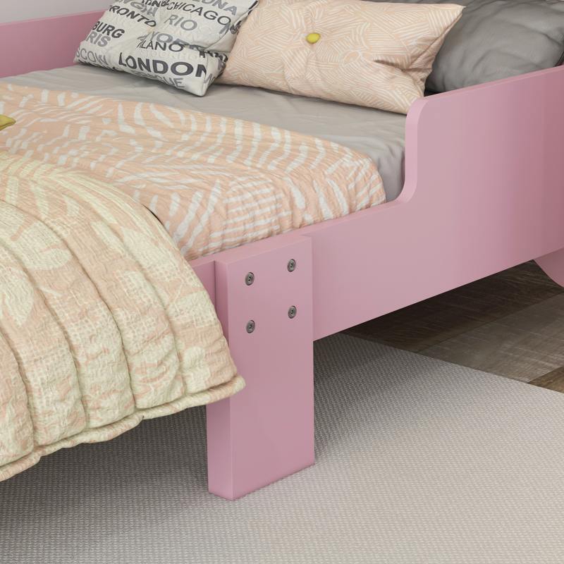 ZONEKIZ Bed for Kids Cat Design Toddler Bed Frame Bedroom Furniture with Guardrails, for 3-6 Years, 143L x 74W x 72Hcm - Pink