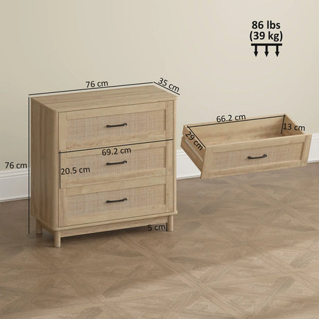 HOMCOM 76 cm Wide Drawer Chest of Drawers with 3 Drawer - Oak