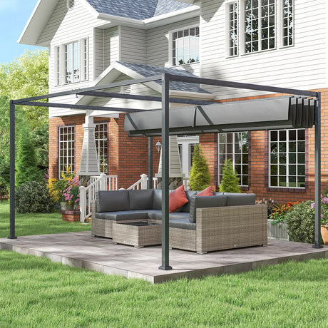 Outsunny 4 x 3(m) Metal Outdoor Pergola with Retractable Roof, Outdoor Gazebo with Drainage Holes for Garden, Patio, Lawn, Grey