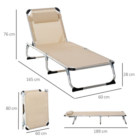 Outsunny Foldable Outdoor Sun Lounger, Reclining Lounge Chair Camping Bed Cot with Pillow 4-Level Adjustable Back Aluminium Frame, Khaki