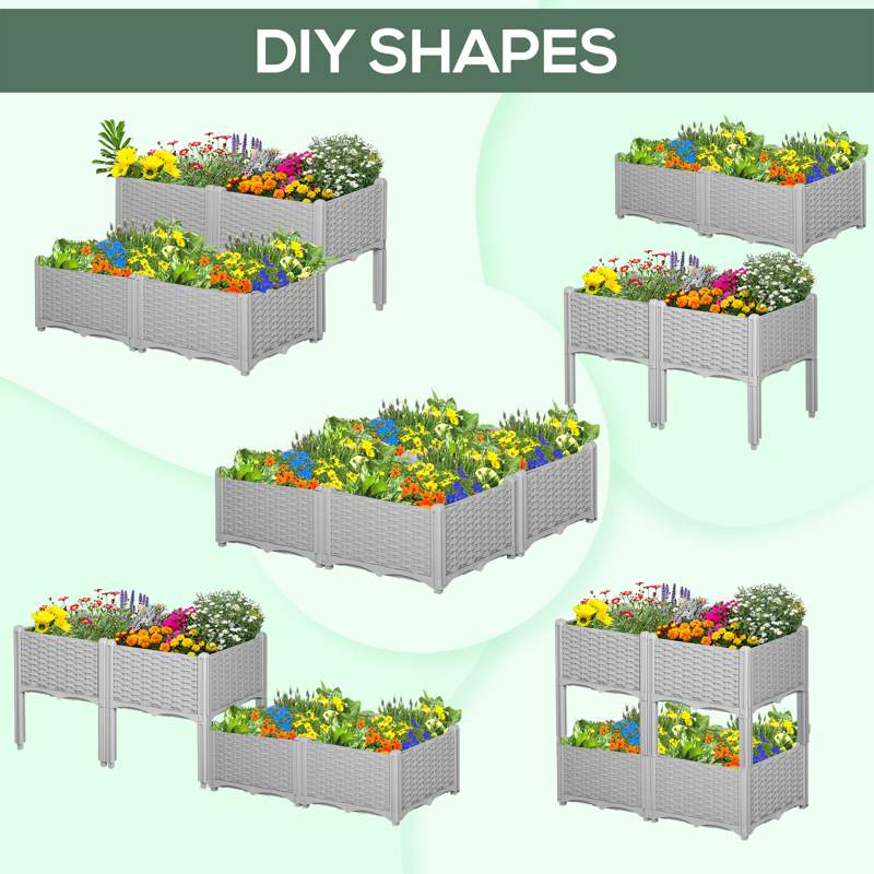 Outsunny 40cm x 40cm x 44cm 26L Set of 4 Garden Raised Bed Elevated Patio Flower Plant Planter Box PP Vegetables Planting Container, Grey