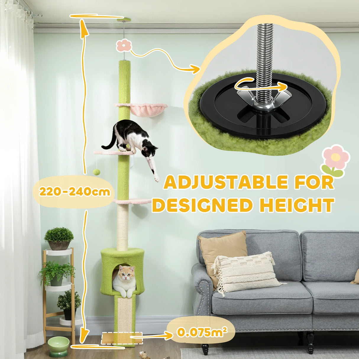 PawHut 220-240 cm Floor to Ceiling Cat Tree Adjustable Height with Hammock, Condo, Scratching Posts, Green