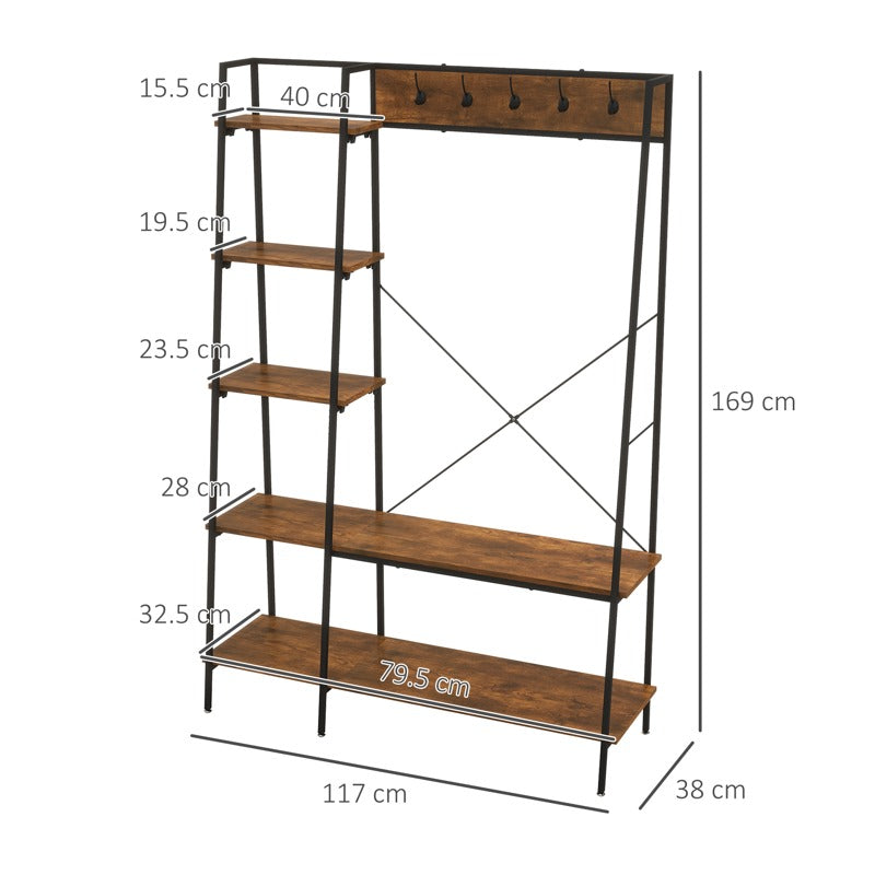 HOMCOM Clothes Rail, Metal Clothes Rack with Shoe Rack, 5 Tier Storage Shelves, 5 Side Hooks, Coat Stand for Bedroom, Living Room, Hallway, Rustic Brown and Black