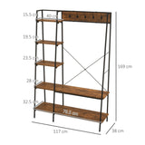 HOMCOM Clothes Rail, Metal Clothes Rack with Shoe Rack, 5 Tier Storage Shelves, 5 Side Hooks, Coat Stand for Bedroom, Living Room, Hallway, Rustic Brown and Black