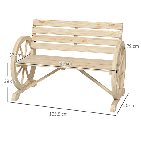 Outsunny Wagon Wheel Chair Bench Armrest Rustic Loveseat Wood Outdoor Garden, Natural