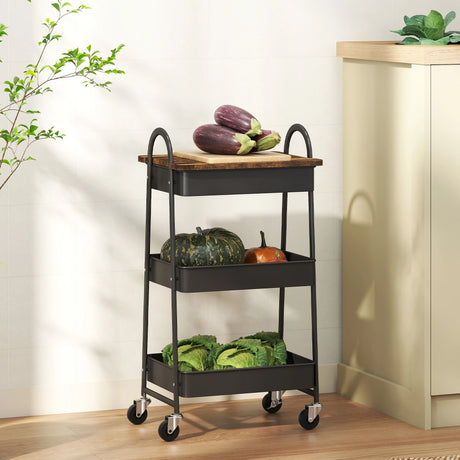 HOMCOM 3-Tier Kitchen Storage Trolley with on Wheels Cover Top Board - Rustic Brown and Black