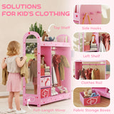 AIYAPLAY Kids Clothes Rail, Kids Wardrobe with Mirror, Shelves, Fabric Storage and Hooks for Bedroom, Nursery, Pink