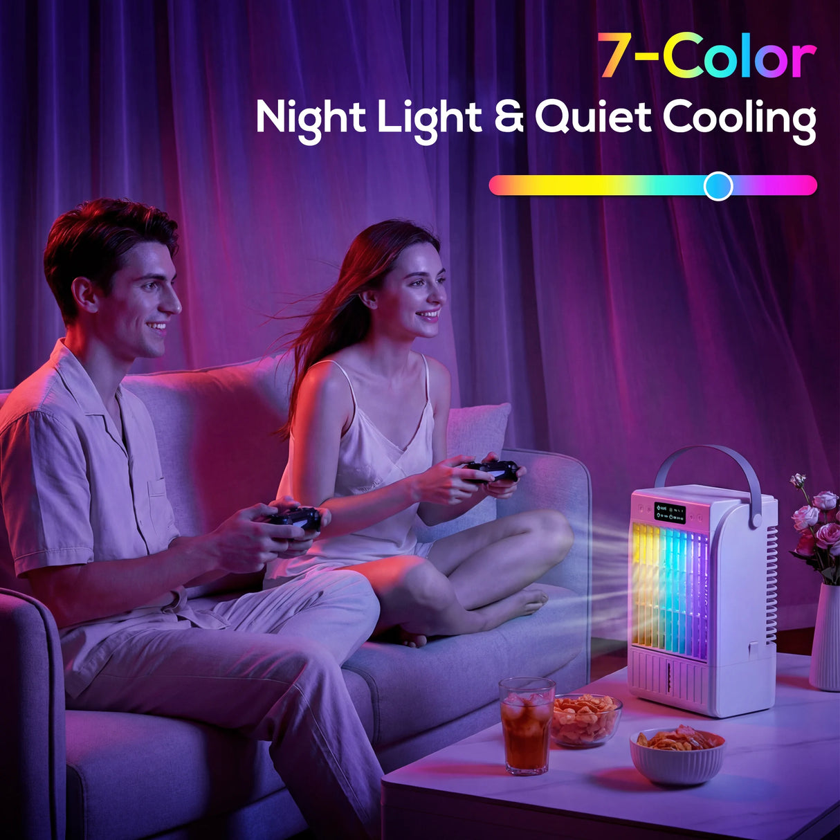 HOMCOM Portable Air Conditioner, 4-in-1 Mini Air Cooler with 4 Wind Speed, 2 Cool Mist, RGB 7 LED Light, White