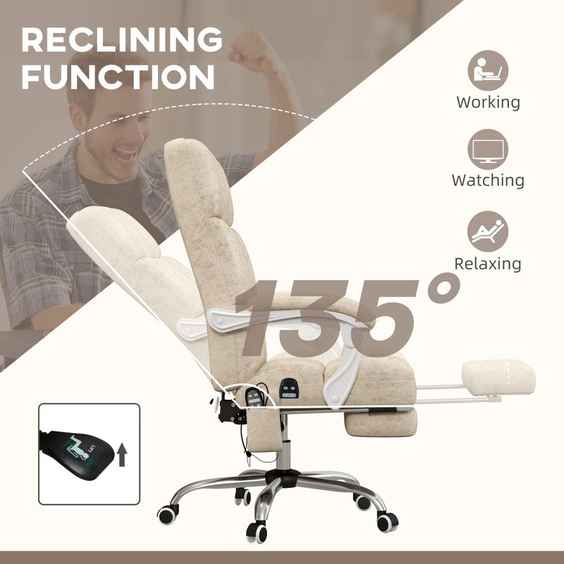 Vinsetto Massage Office Chair, Ergonomic Desk Chair, Comfy Work Study Chair with Heat, Padded Seat, 135 Reclining Back and Footrest for Home Office, Beige