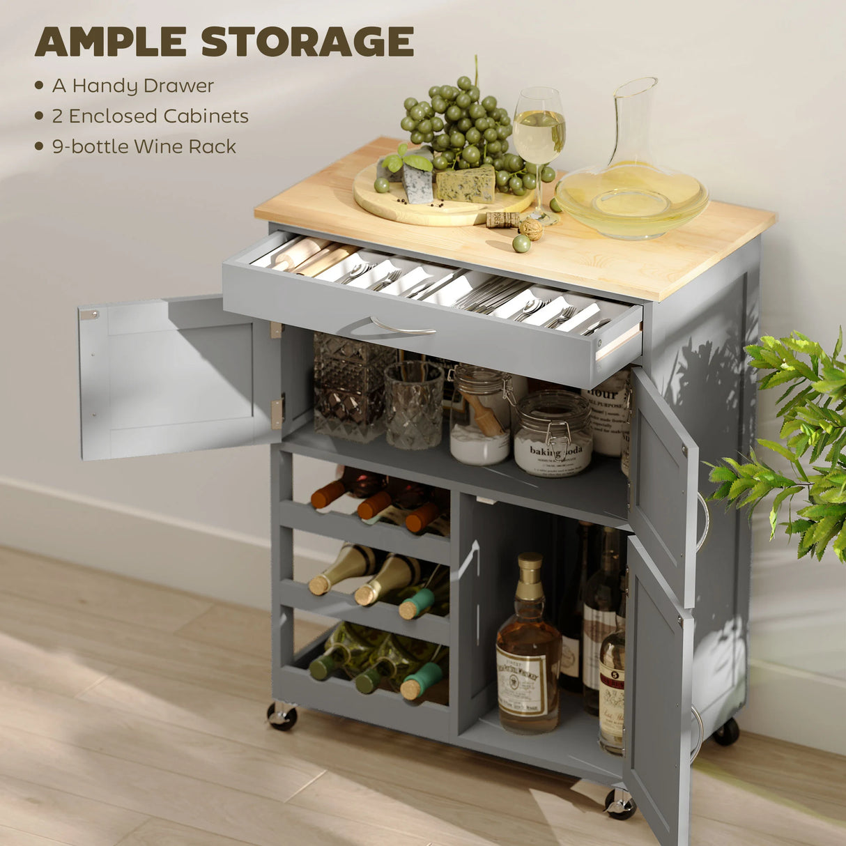 HOMCOM Modern Kitchen Trolley, Rolling Island Storage Cart with Drawer, 9-bottle Wine Rack, Door Cabinets, Wooden Countertop, Grey
