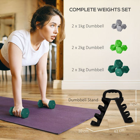 SPORTNOW Dumbbells Set with Carry Storage Rack, Set of 6 Weights for Home Gym Kettlebell Training Weight Lifting Exercise, 2 x 1kg, 2 x 2kg, 2 x 3kg