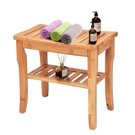 Bamboo Shower Bench Seat with Storage Shelf for Bath