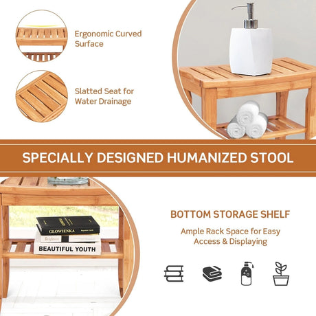 Bamboo Shower Bench Seat with Storage Shelf for Bath