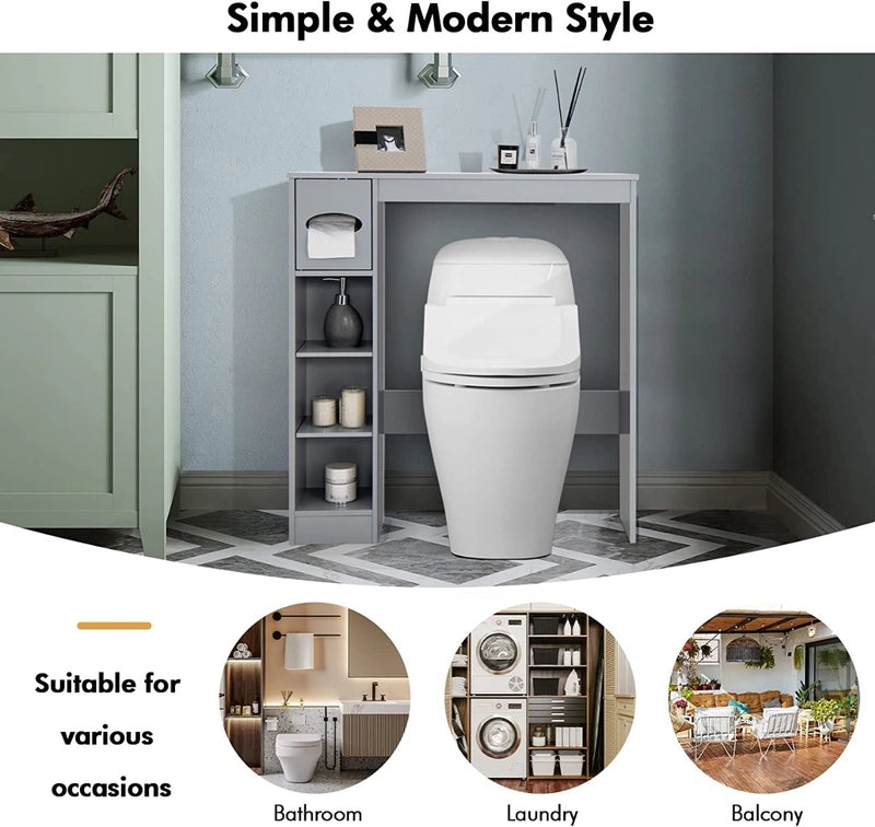 Wooden Over the Toilet Storage Cabinet Bathroom Space Saver with Paper Holder-Gray