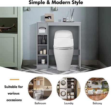 Wooden Over the Toilet Storage Cabinet Bathroom Space Saver with Paper Holder-Gray