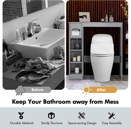 Wooden Over the Toilet Storage Cabinet Bathroom Space Saver with Paper Holder-Gray