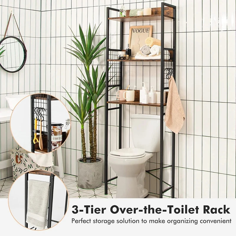 3-Tier Over-The-Toilet Storage Rack with Detachable Hooks